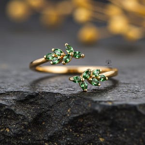 Green Gemstone Leafy Wedding Band, 14K Gold Marquise Cut Adjustable Ring, Dainty Solid Gold Gift for Her, Bypass Stacking Anniversary Ring