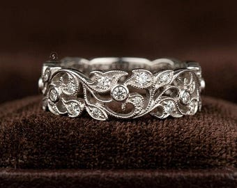 Vintage Openwork Eternity Wedding Band, Round Lab Grown Diamond Ring, 14k White Gold Stacking Ring, Milgrain Set Antique Band, Gift for Her