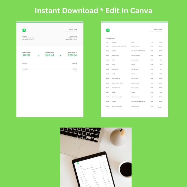 Cash App Template 5 Pages Genuine Editable Instant Download Bank Statement Financial Verification Verify Freelance Income