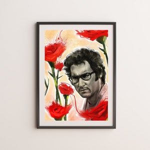 May include: A black and white illustration of a man with glasses and a serious expression. He is surrounded by red roses with green stems. The background is a light yellow color.