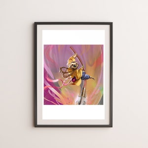 Impressão de arte animal Kung Fu, arte de parede de fantasia, pôster de preguiça, arte de parede de animal fofo, presente de amante de preguiça, ilustração colorida, decoração de quarto