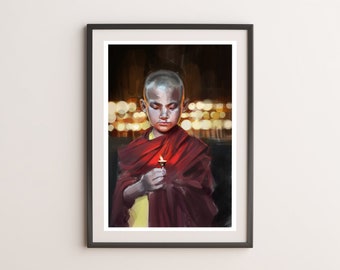 Buddhist Monk Art Print, Tibetan Spiritual Healing, Buddhist Wall Art, Mindfulness Spiritual Art Gift, Boho Decor, Zen , Self Love Painting