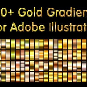 Könnte beinhalten: Eine Sammlung von über 100 Goldverläufen für die Verwendung in Adobe Illustrator. Die Verläufe werden in einem Raster aus kleinen Rechtecken angezeigt, die jeweils einen anderen Goldton zeigen.