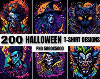 Può includere: Un set di sei design colorati per magliette di Halloween con una varietà di personaggi inquietanti, tra cui un clown, una strega e un gatto nero. I design sono tutti su sfondo scuro e presentano colori vivaci e dettagli intricati. I design sono perfetti per chiunque desideri aggiungere un tocco di spirito di Halloween al proprio guardaroba.