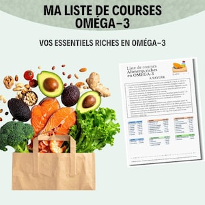 May include: A brown paper grocery bag overflowing with fresh produce including salmon fillets, shrimp, broccoli, lettuce, avocados, and nuts, accompanied by a printed informational shopping list titled Ma Liste de Courses Oméga-3.