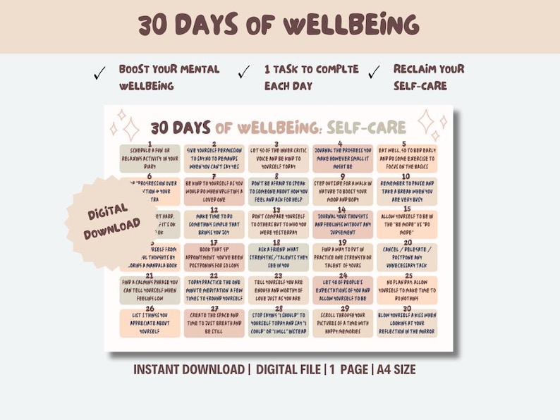 30 Days to Self-care: Printable Wellness Calendar for Daily Mindfulness ...