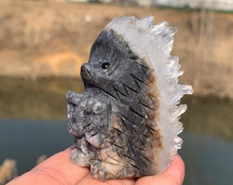 天然水晶クラスター ハリネズミ装飾、生水晶標本動物彫刻、透明水晶