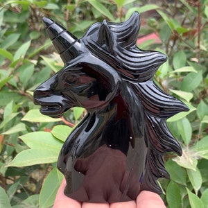 天然黒曜石クォーツ、水晶、手彫り、クリスタルユニコーン、ユニコーンスカル標本、ホームデコレーションクリスタルギフト 1 個