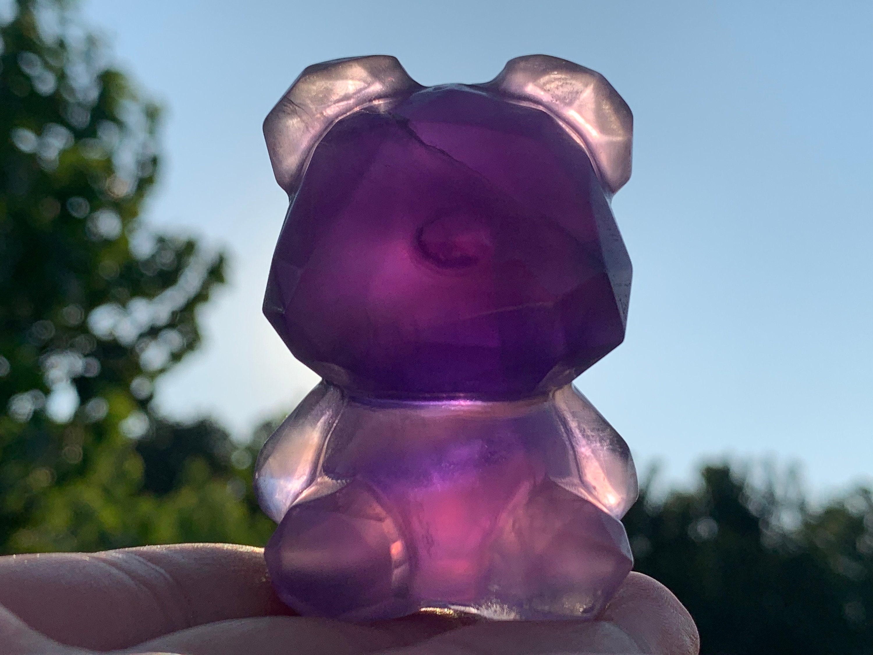 Pendentif Ourson Sculpté En Fluorite Naturelle Violette - Laiton Plaqué Or - Neuf