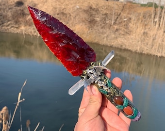 9.8&#39;&#39;+ Red Colored Glaze quartz,quartz crystal,hand carved,crystal Dagger,Glaze knife,Fly Dragon skull,Crystal specimen,Crystal Gifts 1pc