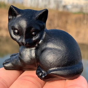 Cuarzo obsidiana natural de 2,4&#39;&#39;+, cristal de cuarzo, tallado a mano, gato de cristal, calavera de gato, decoración del hogar, regalos de cristal, 1 pieza