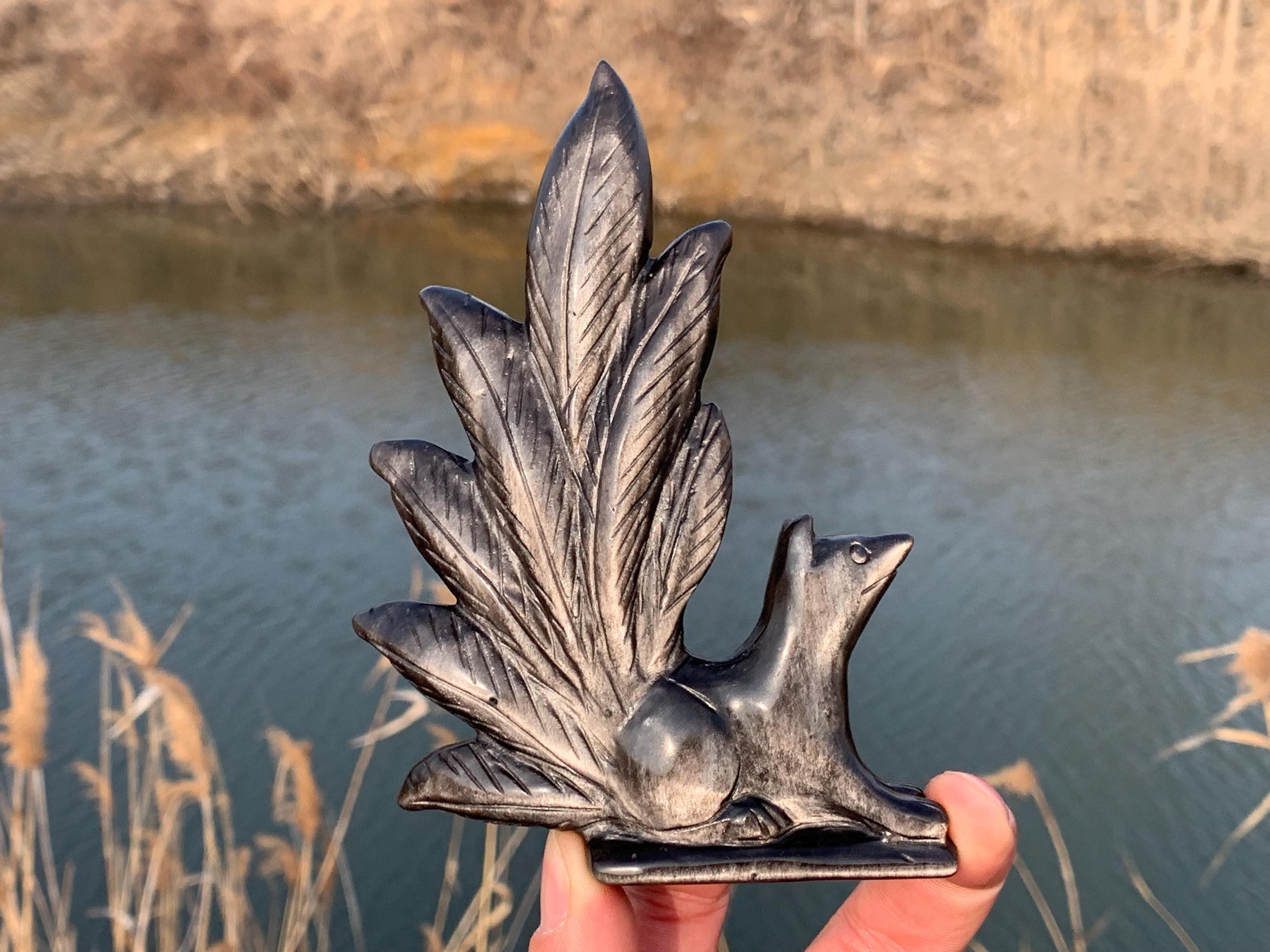 Silver Obsidian Quartz Crystal Nine-Tailed Fox Carving: Home Decor