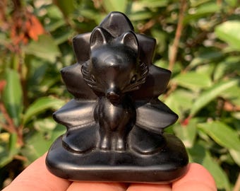 氷の黒曜石九尾狐クリスタル彫刻 - 天然クリスタル - 神話の生き物