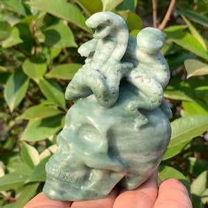 3.4&#39;&#39;+ Natural Green Jade quartz,quartz crystal,hand carved,Crystal Snake,Snake skull,Crystal Gifts 1pc
