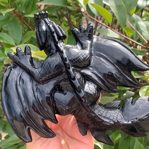 7.8''+ Natural Obsidian quartz,quartz crystal,hand carved,Crystal Fly Dragon,Dragon skull,Crystal Gifts 1PC