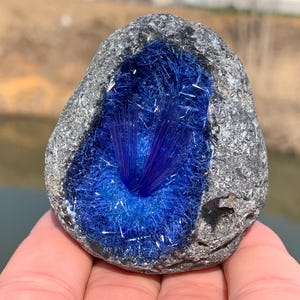 Puede incluir: Una roca gris con un centro hueco lleno de cristales azules. Los cristales están dispuestos en un patrón radial, que se asemeja a una flor.