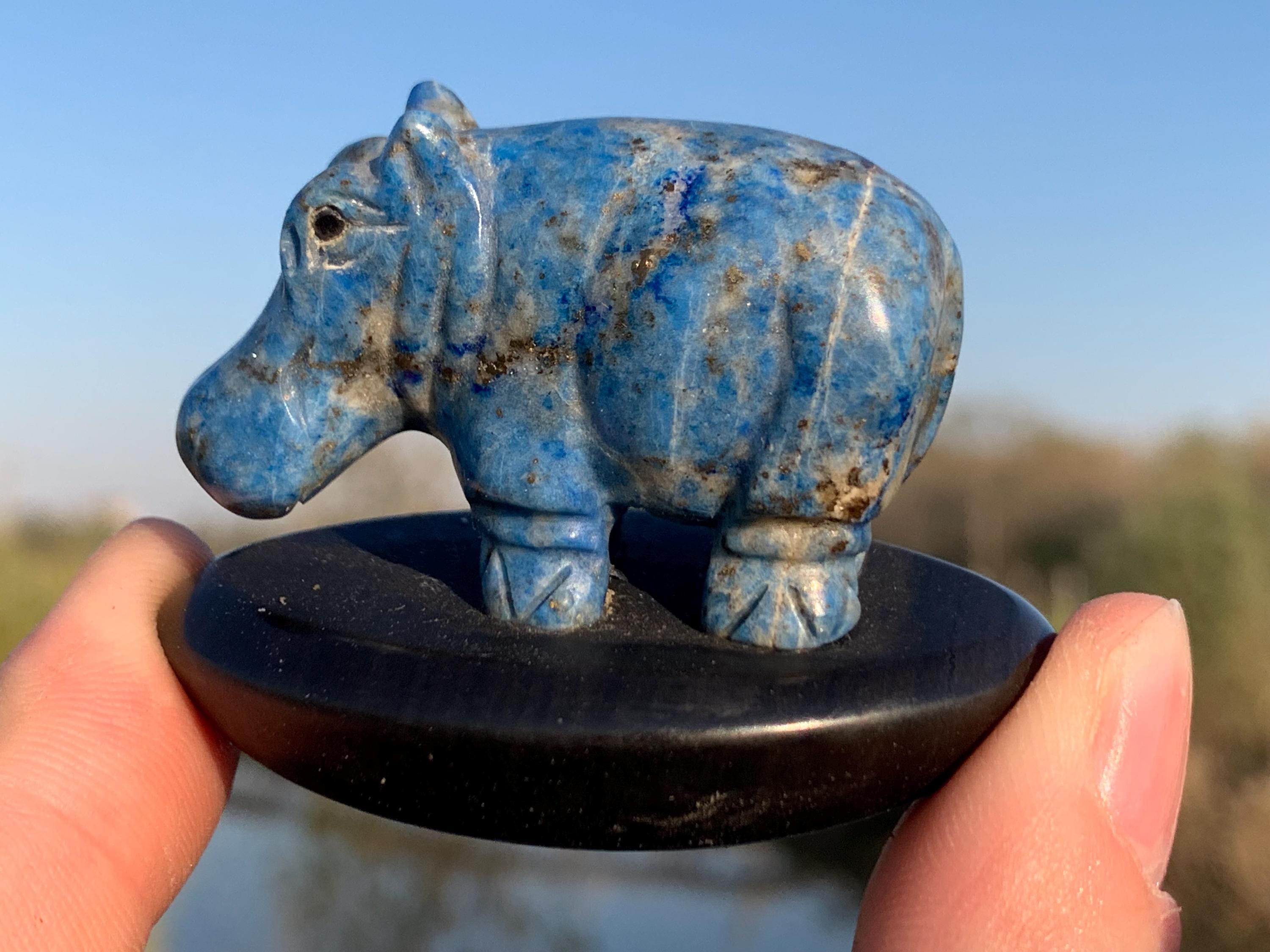 Lapis Lazuli Hippopotamus Figurine: Hand Carved Crystal Sculpture