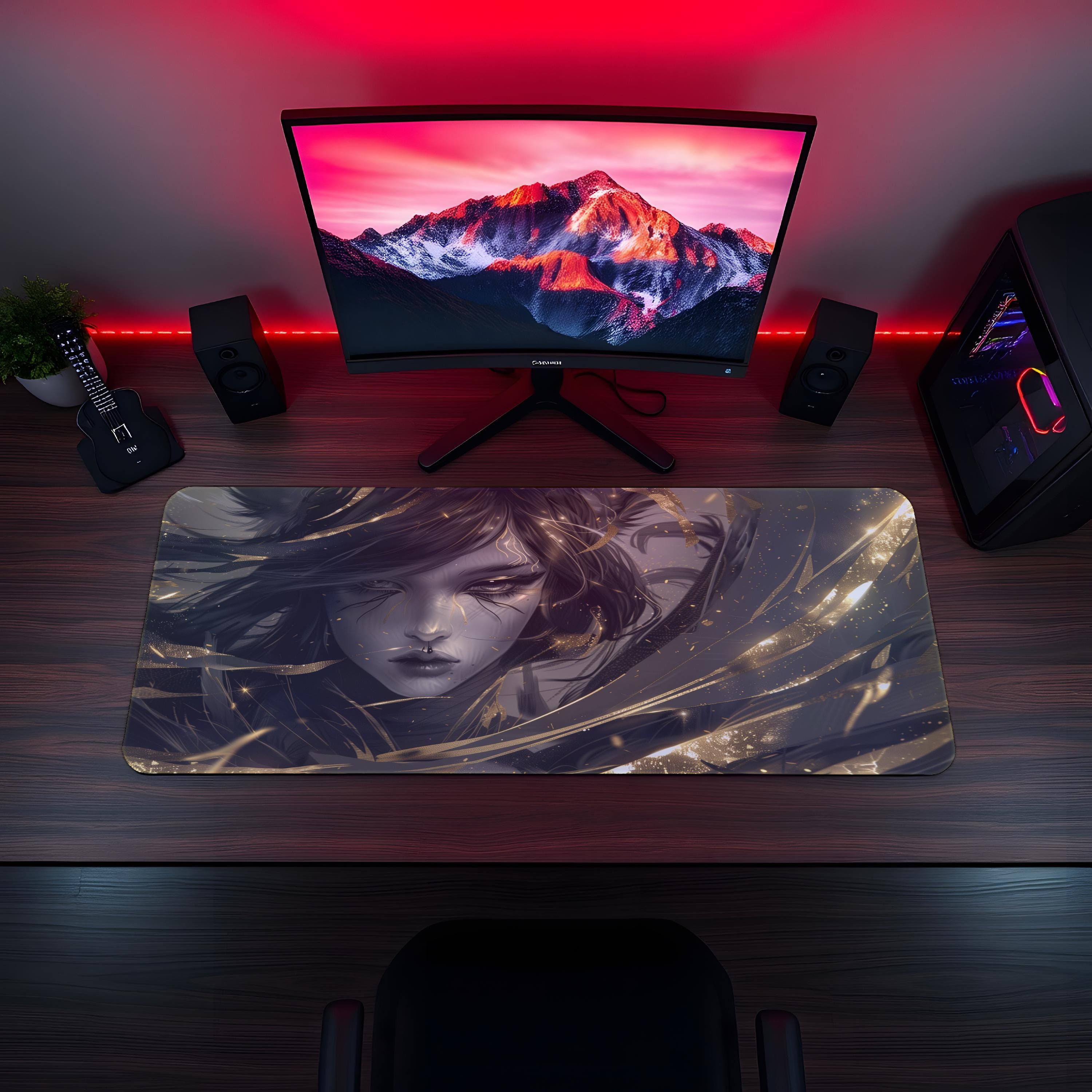 Cold Kitsune - japanese mouse pad nine-tailed fox desk mat with gray and golden kitsune tails desk mat for beautiful gaming setup