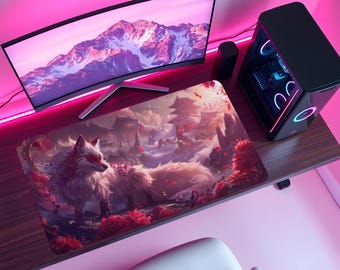 Floral Fox - Sakura Mouse pad japanese mythology desk mat gaming accessory for desk setup gift for gamer playmat XXL mouse pad LED