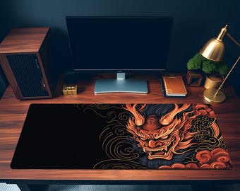 Oni Mousepad Japanese Deskmat Gaming - Durable Orange Oni Mask Gaming Surface, Unique Office & Home Gift for Samurai Lovers