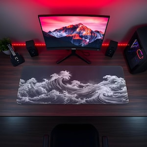 Great Wave of Kanagawa - Tapis de souris japonais noir et blanc XXL pour configuration de jeu - utilisable aussi bien que tapis de jeu pour les jeux de cartes comme MTG