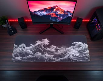 Japanese Mouse Pad Ocean Wave Black And White Desk Mat • Custom RGB Desk Mat • Asian Artstyle • MTG Playmat • Minimalist