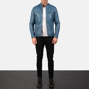 Blouson motard en cuir bleu ionique homme, veste en cuir homme