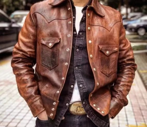 Men's Genuine Lambskin Leather DISTRESSED BROWN VINTAGE