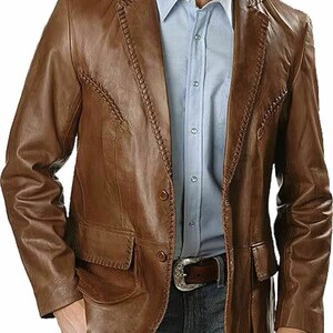 Blazer homme en cuir d'agneau souple véritable marron clair, veste en cuir manteau coupe ajustée, veste en cuir marron fauve pour homme