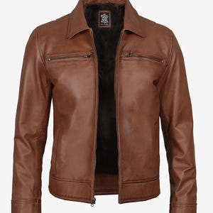Veste en cuir marron cognac pour homme, col chemise classique, cuir de qualité supérieure, manteau en cuir marron vintage, doux et confortable, poche