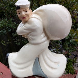 Vintage 1940s  Ceramic McCoy Ceramic WWII Navy Sailor Coin Bank figure With Seamans Duffle Bag Piggy Bank