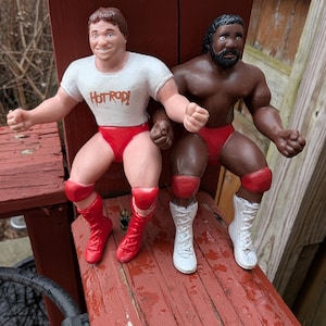 May include: Two wrestling action figures, one with a white shirt that says "Hot Rod!" and red shorts, and the other with brown skin and red shorts. Both figures are wearing red knee pads and white boots.