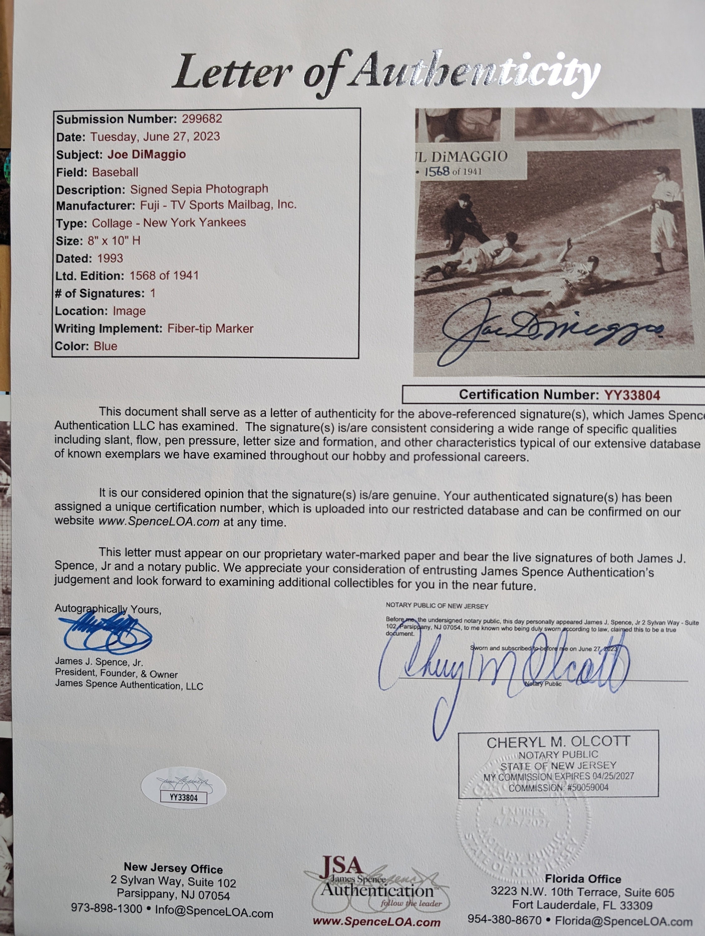 ジョー・ディマジオ 直筆サイン入り写真 8×10 ヤンキース MLB