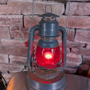 Antique kerosene Dietz Railroad Lantern . Red Warning Lantern wired into a lamp