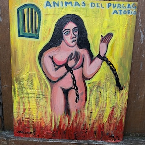 メキシコシティのアウトサイダーアーティスト、デビッド・メカルコ。煉獄で苦しむ魂、炎のブリキ缶、Ex Voto Retablo。アーティストのサイン入り