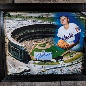 Autographed N.Y. Mets Jack Fisher threw the first pitch at Shea Stadium 4/17/1964. 8x10 inch framed photo with certificate of authenticity