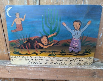 Mexiko-Stadt Außenseiter Künstler Rafael Rodriguez Cojas. Frau wird von einem Skorpion Mann angegriffen Dose Ex Voto Retablo.  Künstler signiert