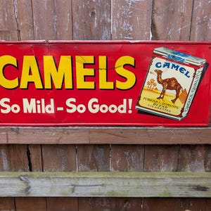 Vintage 1980s Camel cigarettes advertising sign from an old NYC Bodega. Camels So Mild So Cool Tin advertising Sign