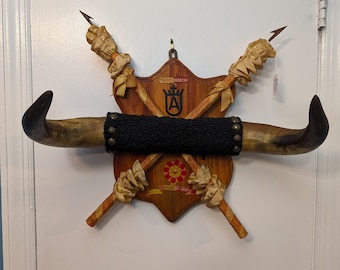 Vintage 1950s Bull horns With a pair of matadors Banderillas mounted on a wood plaque . Bullfighting souvenir from Spain