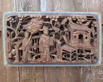 Panel arquitectónico antiguo chino del siglo XIX, tallado a mano en madera dorada con inmortales.