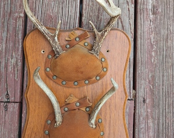 Vintage 1989 double deer antler mount on a wood plaque