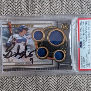 Gesigneerde Brandon Nimmo NY Mets Topps Museum-collectie Game-gedragen patch relikwie honkbalkaart gecertificeerd authentiek en ingekapseld door PSA