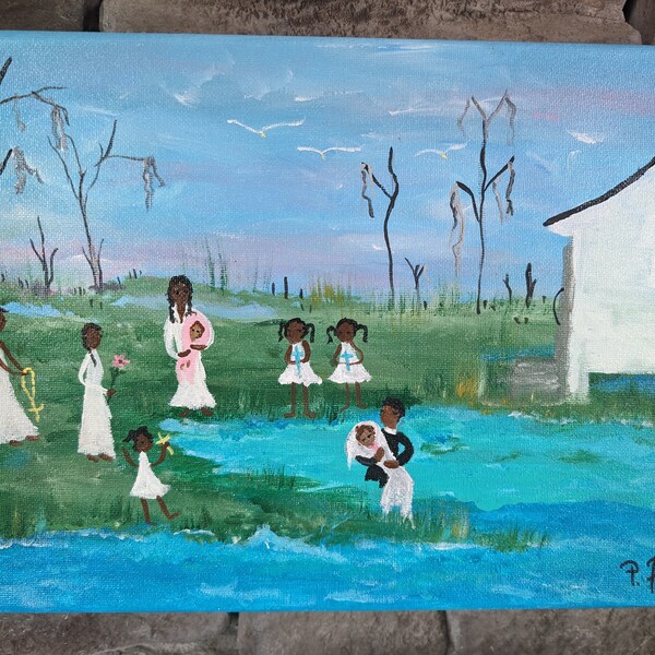 Primitive New Orleans LA Folk Art. 9x12 inch original signed painting by Artist P. Ford. Title: Baptism