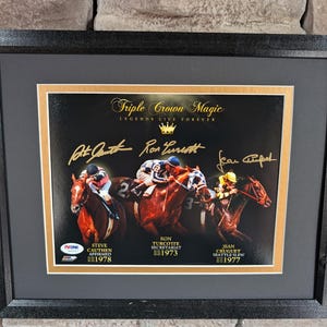 Autographed Triple Crown Jockeys Ron Turcotte Secretariat Steve Cauthen Affirmed Jean Cruguet Seattle Slew 11x14 framed photo with COA PSA