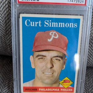 Vintage 1958 Topps # 404 Curt Simmons Philadelphia Phillies Baseball Card . Graded 4 Very Good Excellent and encapsulated by PSA