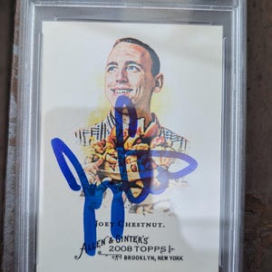 Cartão colecionável Topps Allen & Ginters, campeão de comer cachorro-quente de Joey Chestnut Nathan, autografado e certificado como autêntico e selado pela PSA