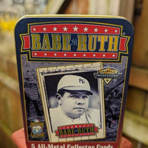 Impressions métalliques vintage des années 1990 5 cartes de baseball en métal Babe Ruth avec boîte de rangement