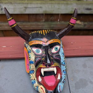 Mexican Folk Art Spectacular Carved & Lacquered Devil Mask With Snakes.