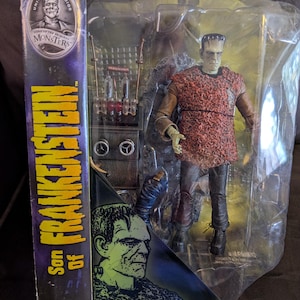 Vintage Universal Studios Monsters Boris Karloff Sohn von Frankenstein Actionfigur mit Ständer in der Originalverpackung