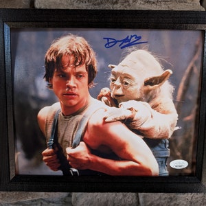 May include: A framed photograph of a young man with brown hair and a green alien character. The man is wearing a blue and white striped shirt and the alien is wearing a brown robe. The photograph is signed "Mark Hamill" in blue ink.